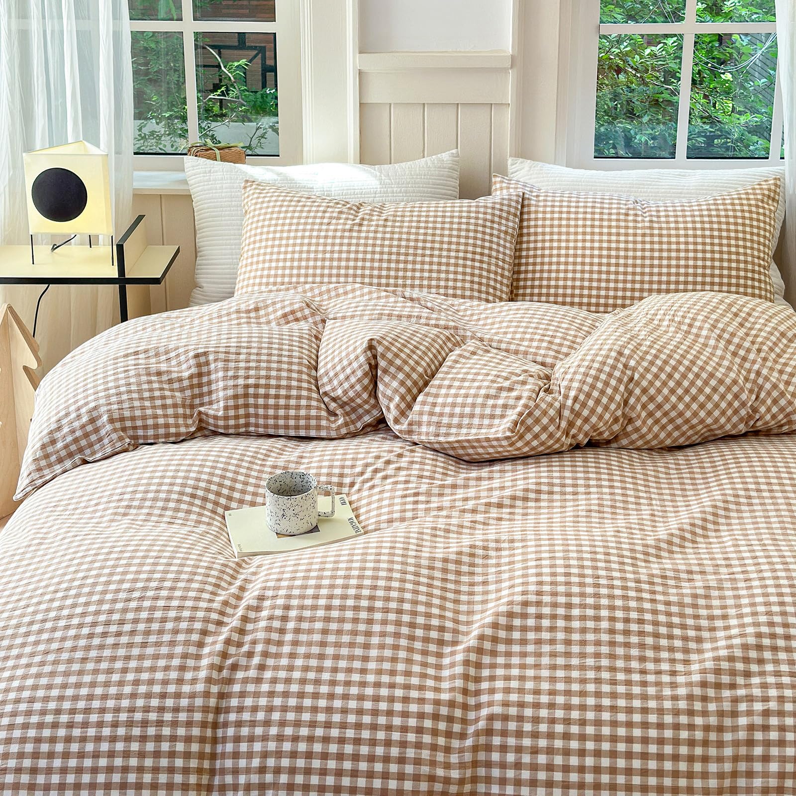 Amazon.com: LifeTB Tan Gingham Grid Duvet Cover Queen 3 Pieces